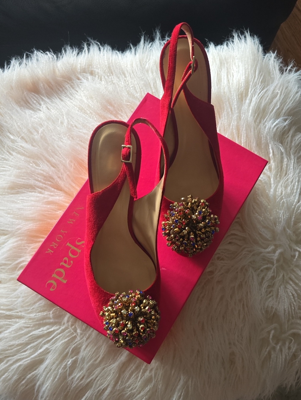 Kate Spade Lenora Red Suede Slingback Pumps with Jeweled Pompom